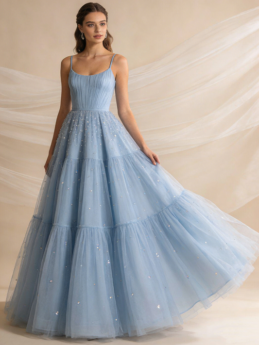 A Line Prom Dress Spaghetti Straps Pleated Tulle Gala Gown Birthday Party Outfits Evening Dress  D4810