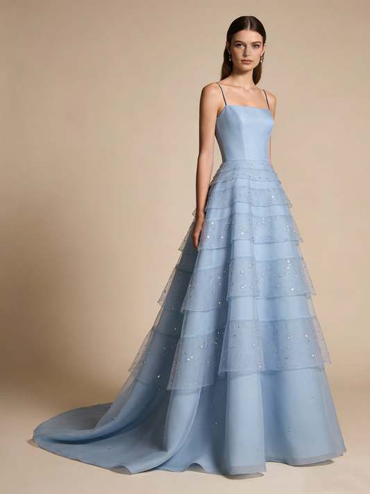 A Line Prom Dress Light Blue Spaghetti Straps Birthday Party Outfits Gala Gown Evening Dress  D4811