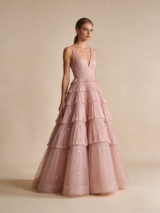 A Line Prom Dress Light Pink V-neck Pleated Birthday Party Outfits Gala Dress Evening Gown  D4820