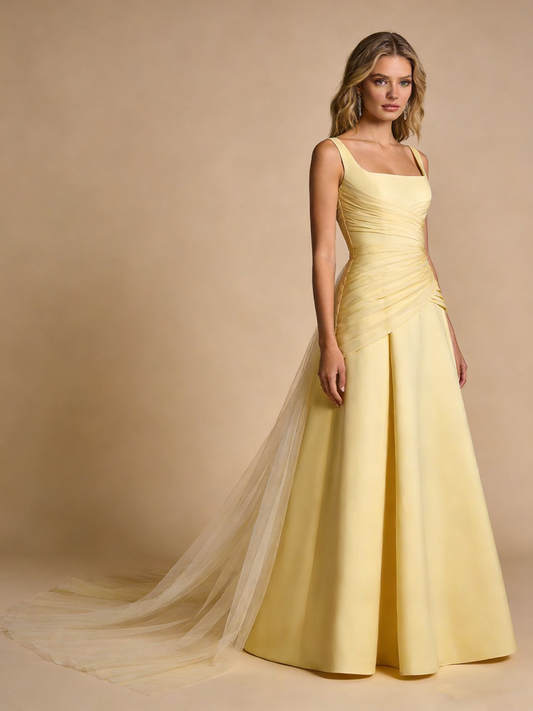 A Line Prom Dress Light Yellow Square Neck Pleated Gala Dress Birthday Party Outfits Evening Gown  D4824