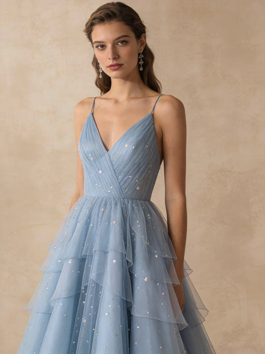 A Line Prom Dress Light Blue V-neck Pleated Tulle Evening Gown Birthday Party Outfits Gala Dress   D4842