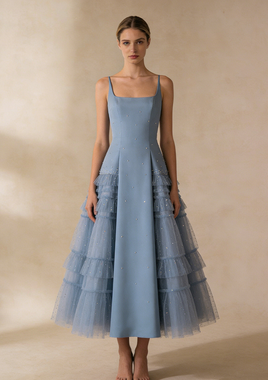 A Line Prom Dress Light Blue Square Neck Pleated Tulle Evening Gown Birthday Party Outfits Gala Dress   D4843