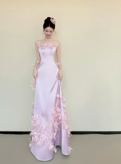 Beauty Prom Dress Light Pink Strapless Floral Gala Dress Evening Gown Birthday Party Outfits    D4847