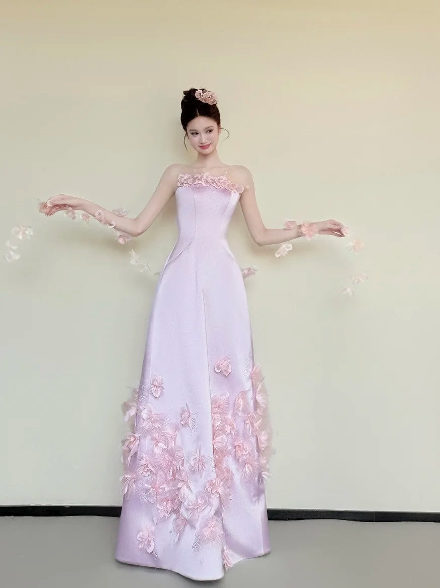 Beauty Prom Dress Light Pink Strapless Floral Gala Dress Evening Gown Birthday Party Outfits    D4847