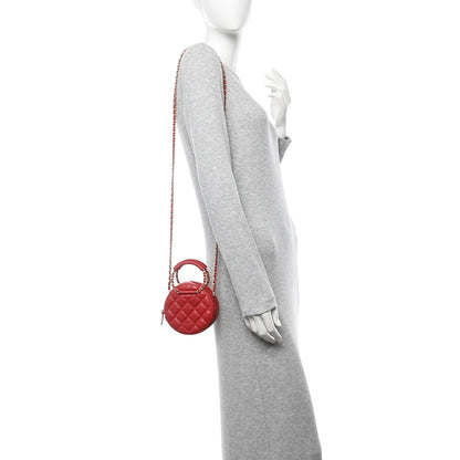 Caviar Quilted Chain Handle Round Clutch With Chain Bag  Red