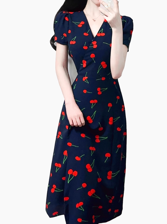 2025 Summer New Black V-neck Short Sleeve Cherry Print Wrap Long Dress R0920