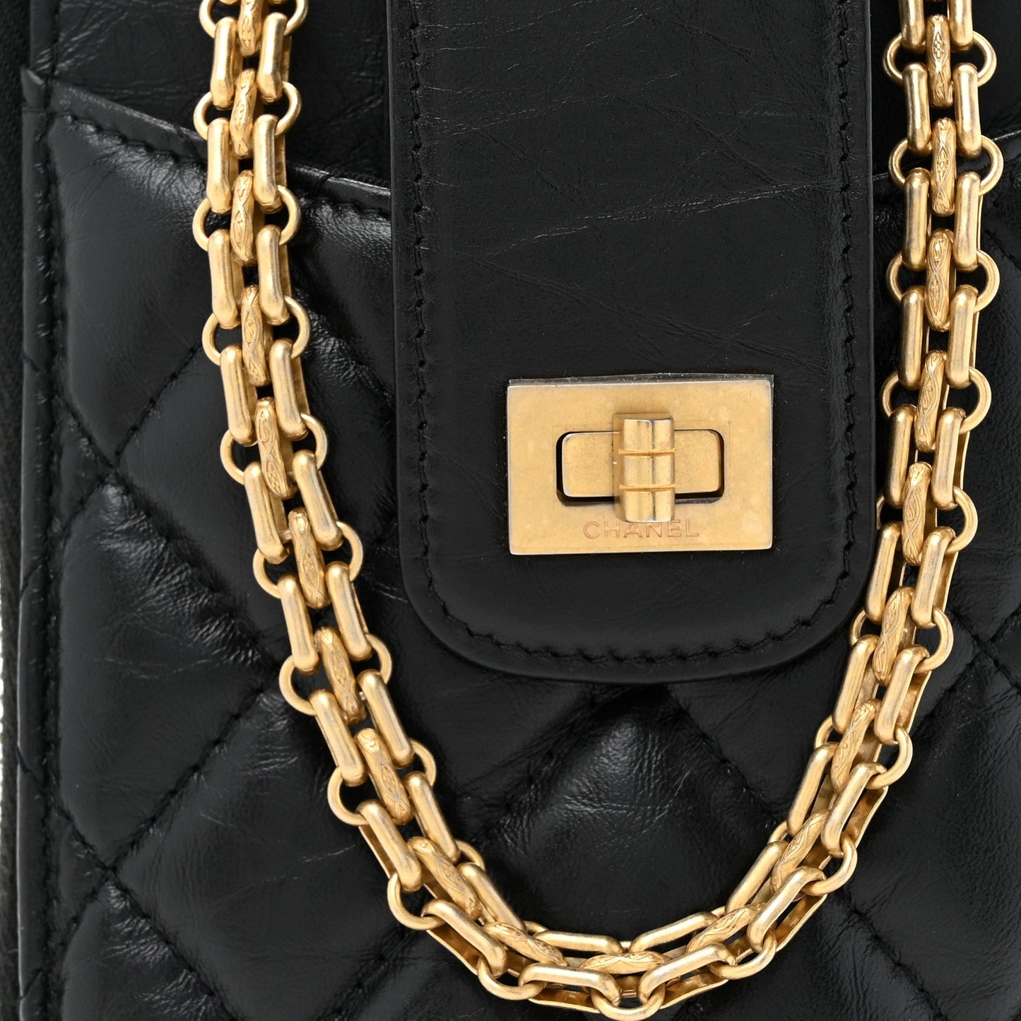 Aged Calfskin Quilted Reissue Phone Holder With Chain Bag Black