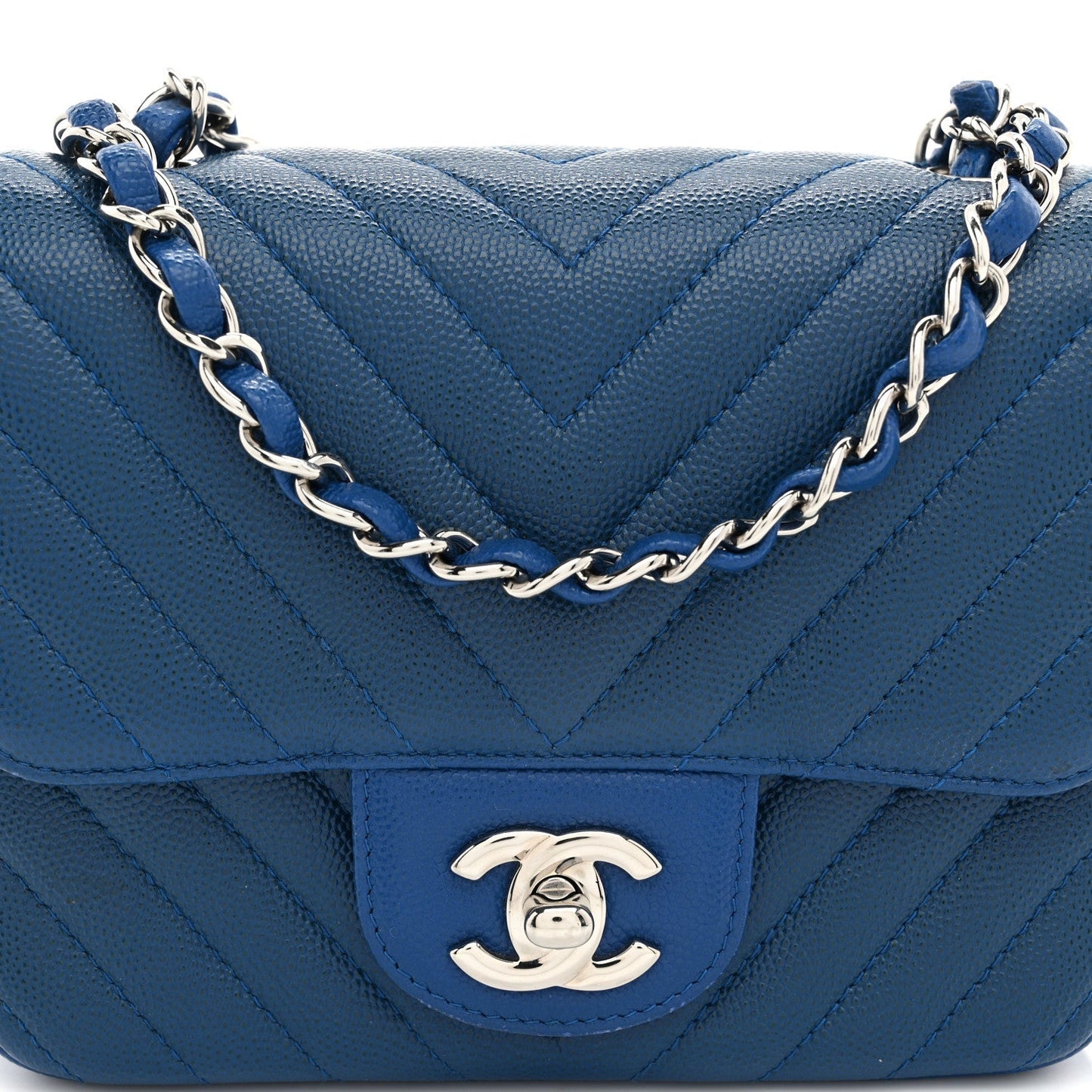 Caviar Chevron Quilted Mini Square Flap Blue