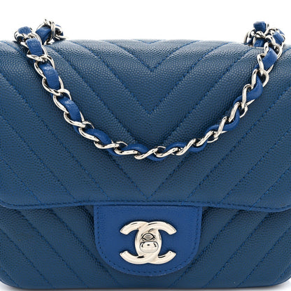 Caviar Chevron Quilted Mini Square Flap Blue