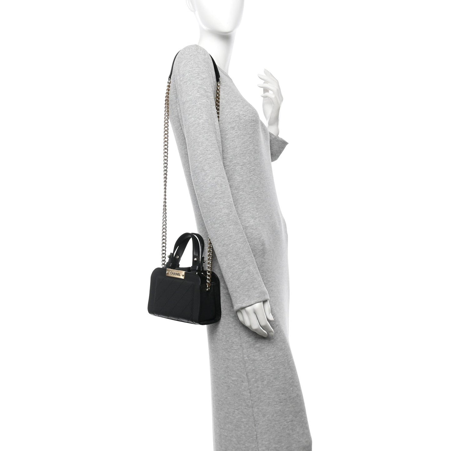 Grained Calfskin Stitched Mini Label Click Shopper Tote Black