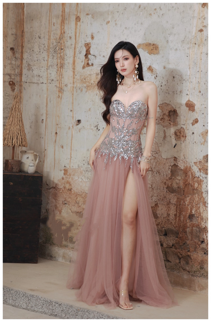 Pretty Pink Sweetheart Neck Tulle Sequin A Line Slit Long Evening Dress Party Gown