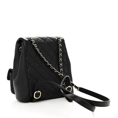 Calfskin Quilted Medium Duma Pockets Drawstring Backpack Black