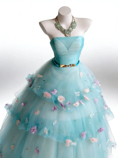 Sweet Blue Strapless Ball Gown Tulle Appliques Layered Birthday Quinceanera Dress SP2033