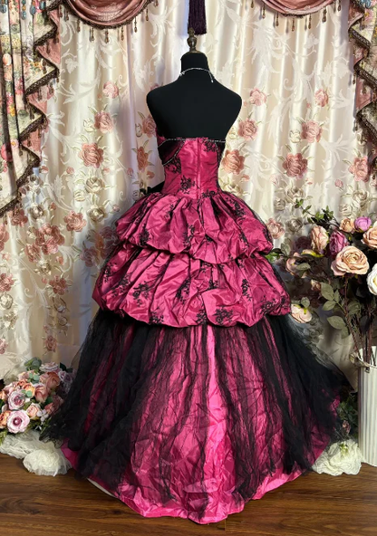 Vintage Sweetheart Neck Hot Pink Tulle Satin Layered Ball Gown Formal Quinceanera Dress With Bow