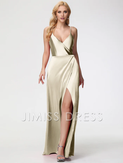 V-neck lace up back satin slit Prom dress
