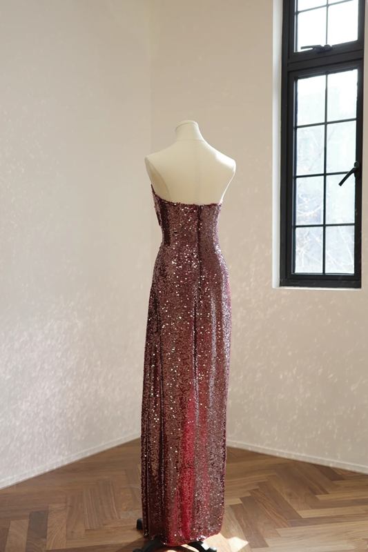 Deep red strapless, fitted waist, sexy long sequined ball gown, bridal dress R8551