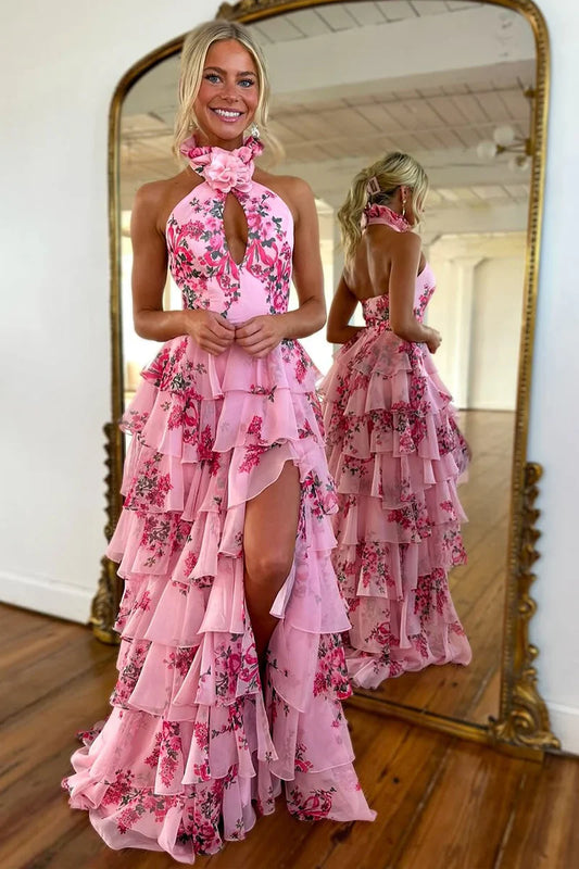 -Cute Sheath Halter Floral Printed Chiffon Tiered Prom Dress with Slit