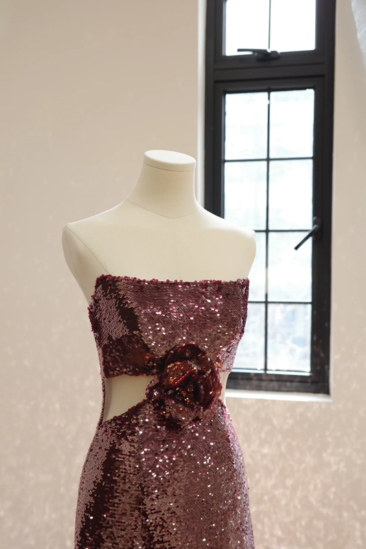 Deep red strapless, fitted waist, sexy long sequined ball gown, bridal dress R8551