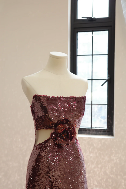 Deep red strapless, fitted waist, sexy long sequined ball gown, bridal dress R8551