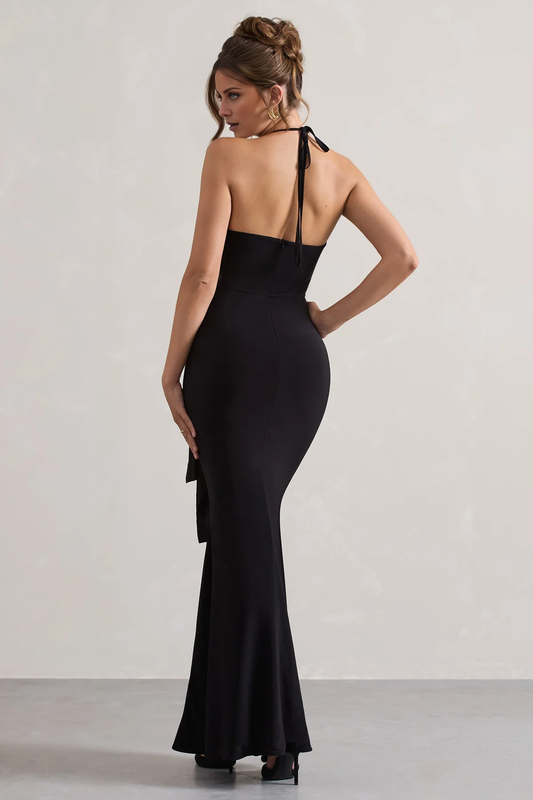 Hanging neck collar with pleats and a floor length evening dress - Dress