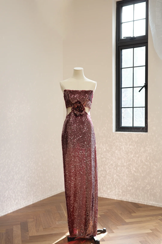 Deep red strapless, fitted waist, sexy long sequined ball gown, bridal dress R8551
