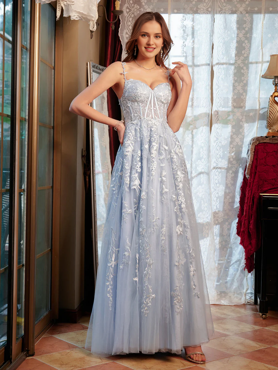 A-shaped princess sweetheart applique chiffon long ball dress