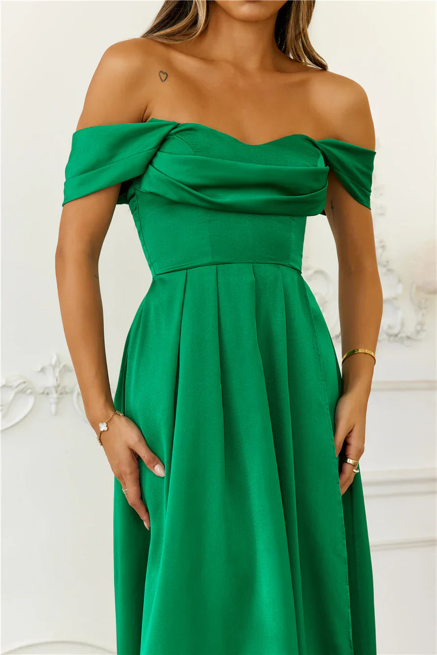 Off Shoulder Satin Back Strap Long Prom Dress