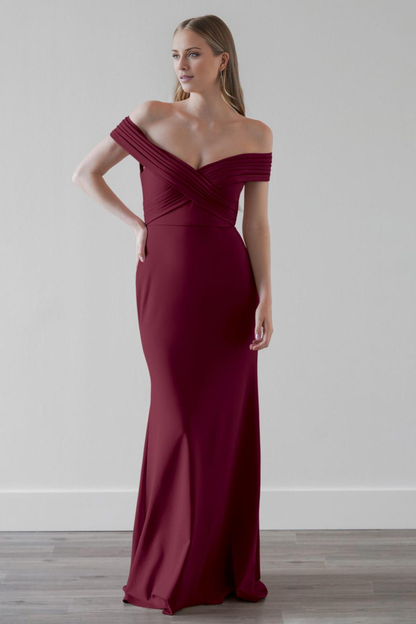off shoulder collar pleated backless and floor length evening dress