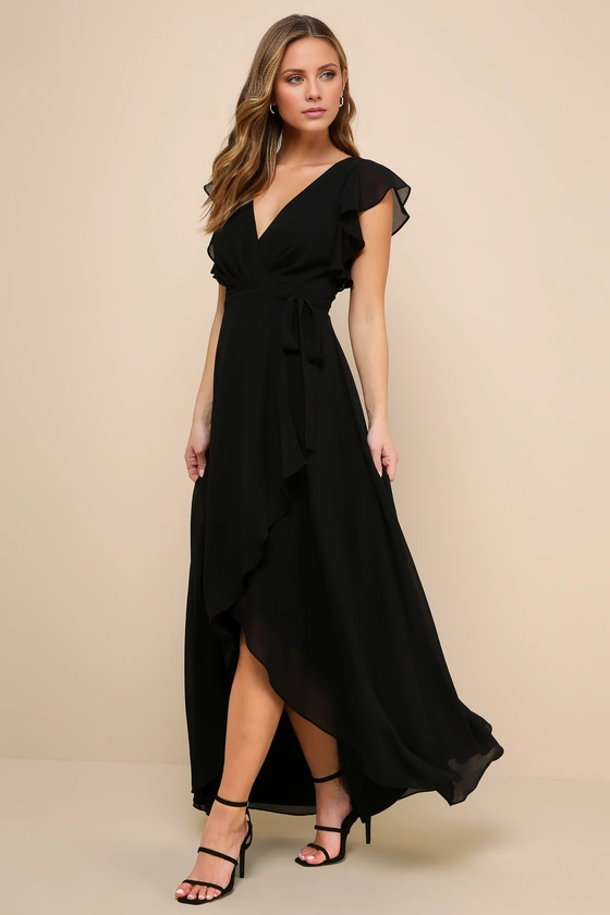 V-neck short sleeved backless side slit and floor length evening dress