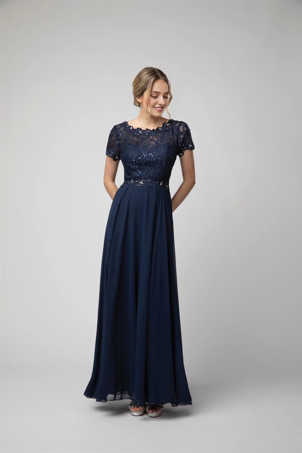 A-line lace tight corset long short sleeved chiffon dress