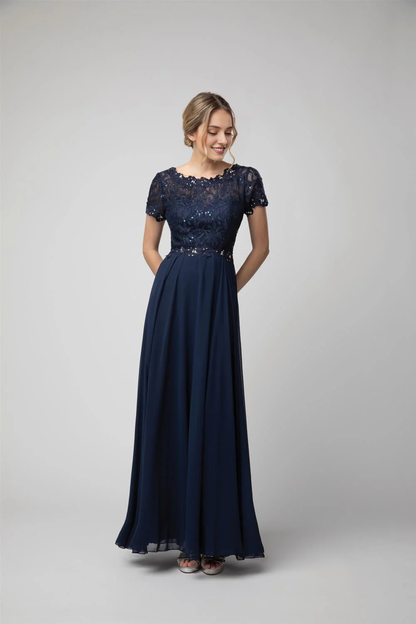 A-line lace tight corset long short sleeved chiffon dress