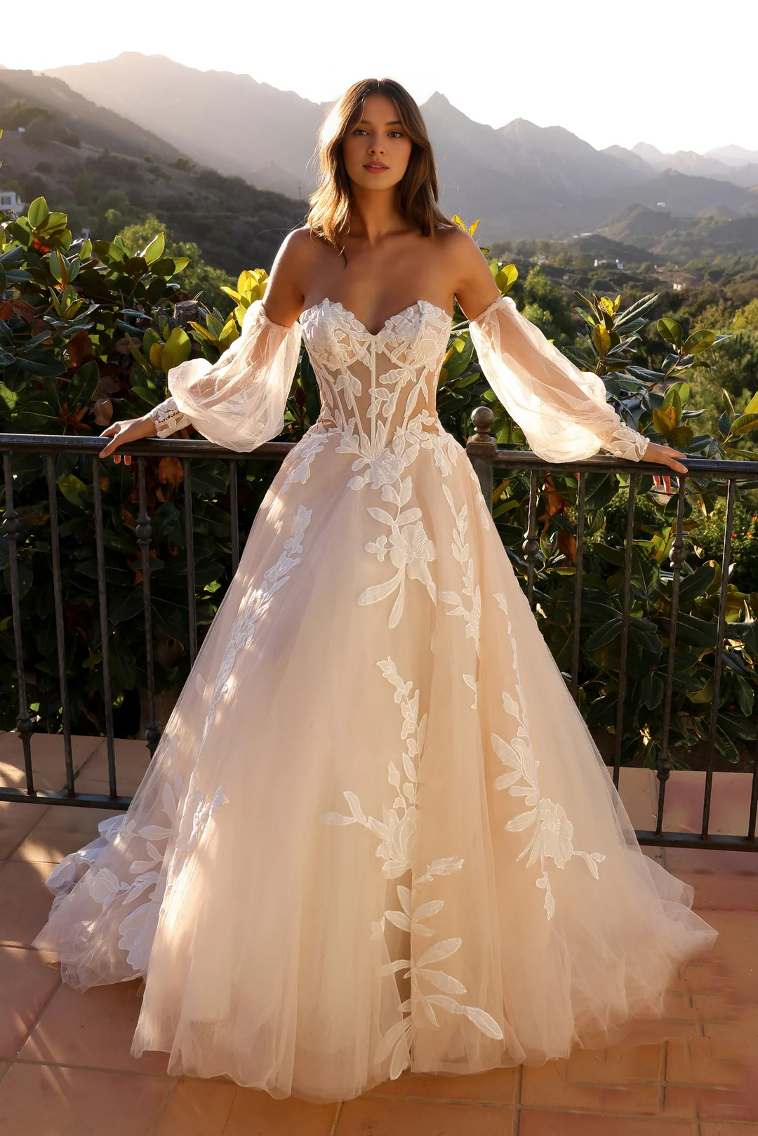 Elegant Floral Embroidered Strapless Corset Backless Long Wedding Gown