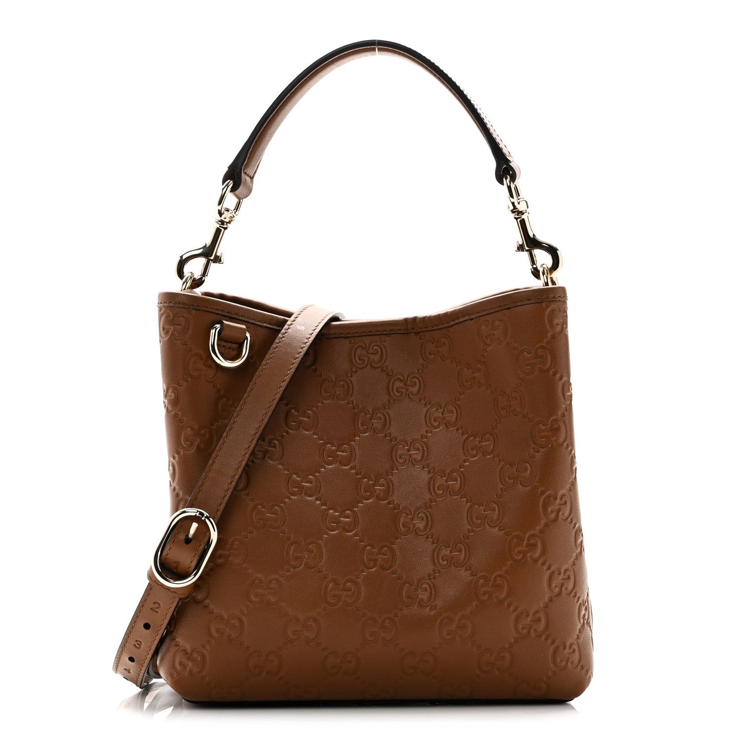 GG Calfskin Embossed Emblem Small Bucket Bag Brown
