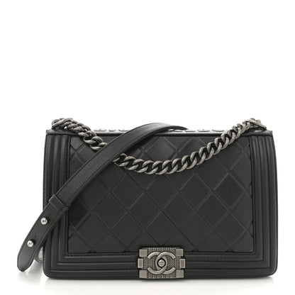 Calfskin Embossed New Medium Paris Salzburg Boy Flap Black