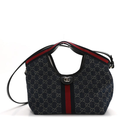 Denim GG Monogram Web Small Giglio Tote Blue White