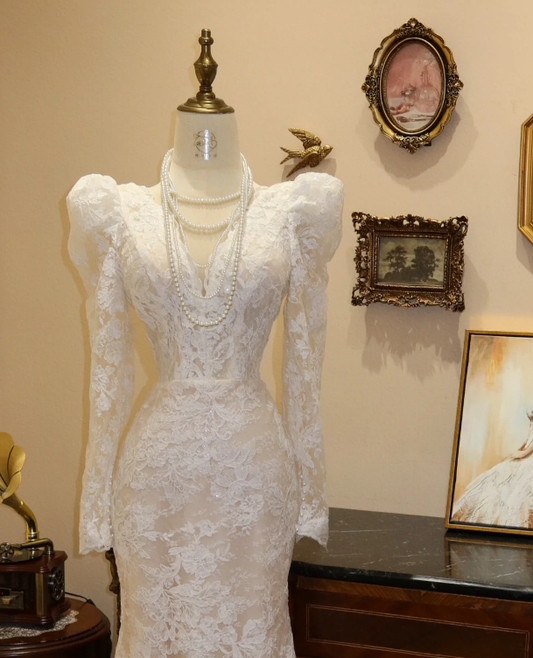 Lace Long Sleeves Wedding Dress White Modest Wedding Gowns