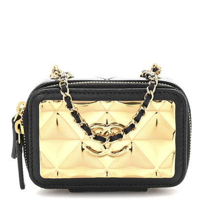 Lambskin Metal Quilted Extra Mini Vanity Case With Chain Black Gold