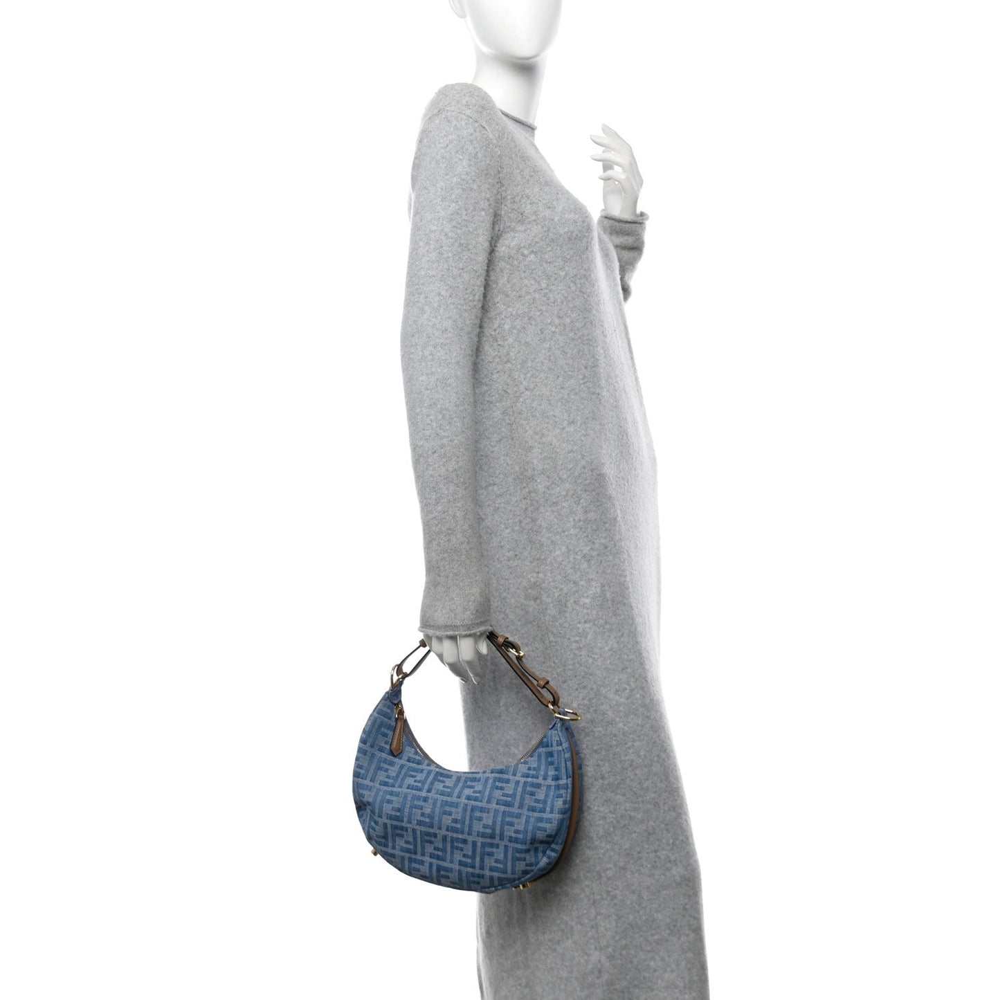 Denim Vitello Grace Mirror Logo Small Fendigraphy Hobo Bag Denim Sand