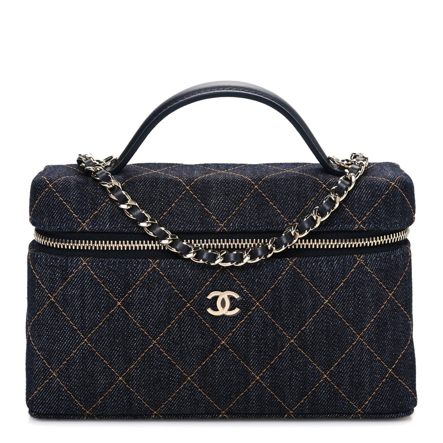 Denim Quilted Top Handle Slim Vanity Case With Chain Dark Blue Orange