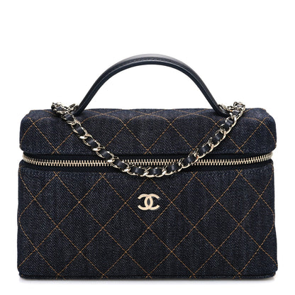 Denim Quilted Top Handle Slim Vanity Case With Chain Dark Blue Orange