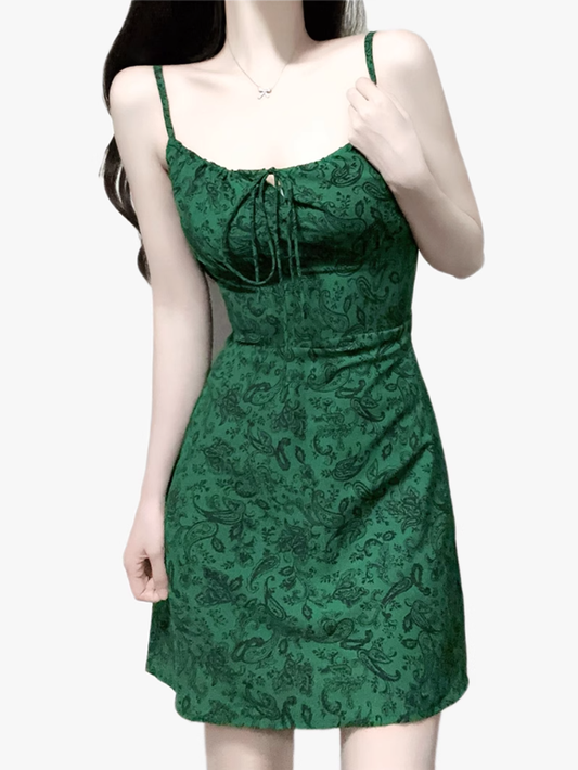 2025 Summer New Retro Sexy Floral Green A-line Short Suspender Dress R0934