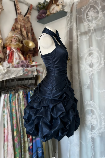 Dark blue halter neck fitted waist slim-fitting ball gown with a full skirt R7584
