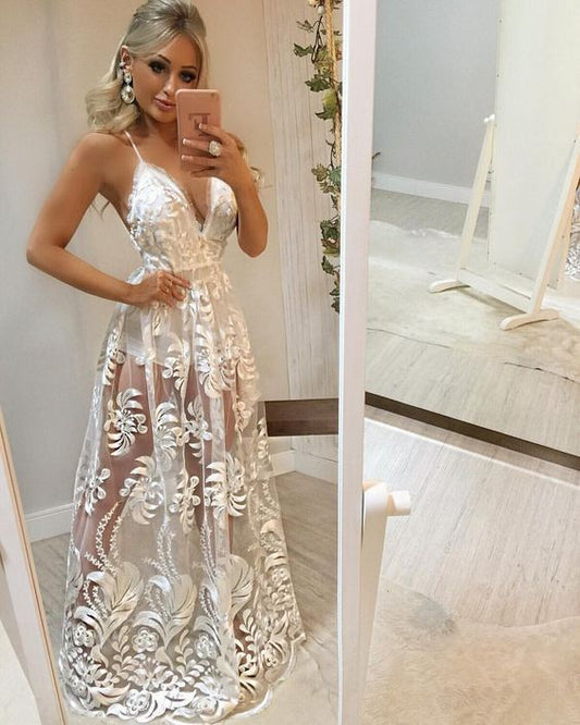 A Line White Prom Dresses Party Evening Gowns