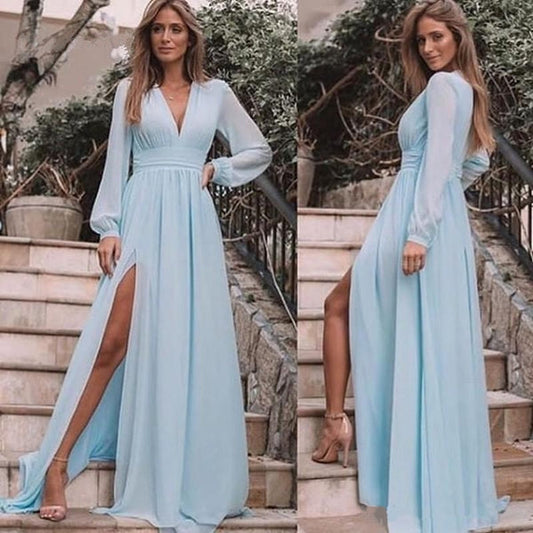 A Line Chiffon Long Sleeves V Neck Formal Evening Dresses Party Gowns
