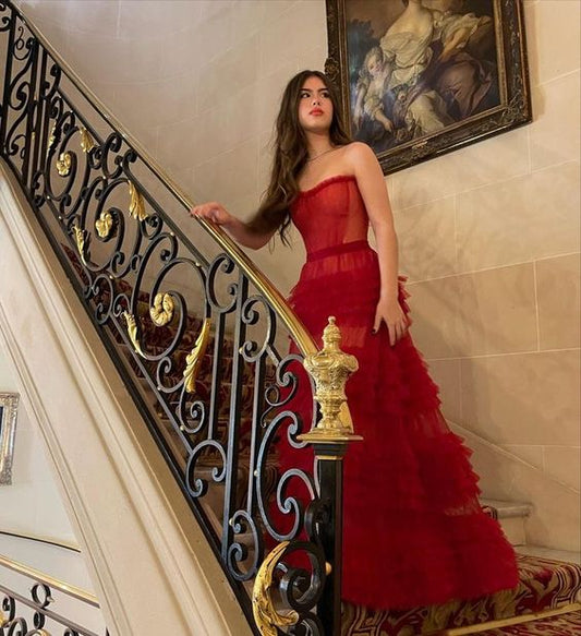 A Line Stunning Red Long Prom Dresses Formal Evening Gowns