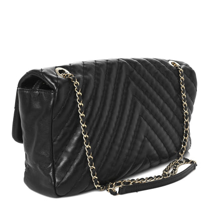 Calfskin Surpique Chevron Large Flap Black