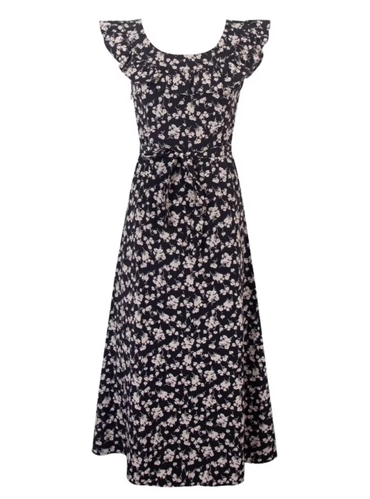 2025 Summer New French Black Floral Ruffled Medium Length Square Neck Dress R0914