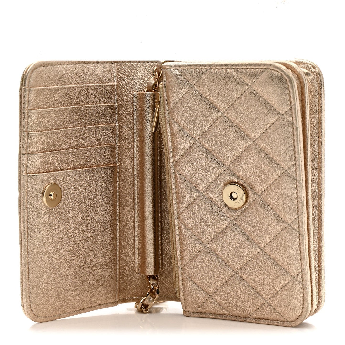 Metallic Lambskin Quilted Mini Wallet On Chain WOC Gold