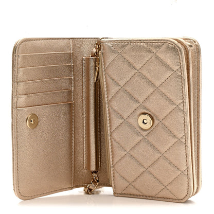 Metallic Lambskin Quilted Mini Wallet On Chain WOC Gold