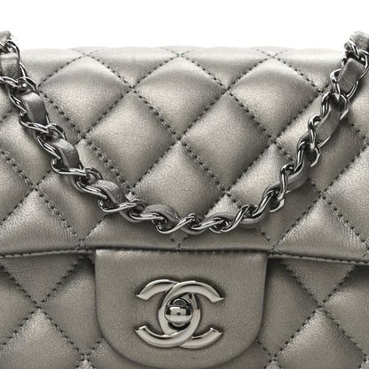 Metallic Lambskin Quilted Mini Rectangular Flap  Dark Grey